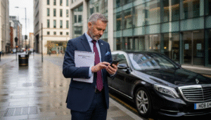Executive standing by Mercedes at business tower