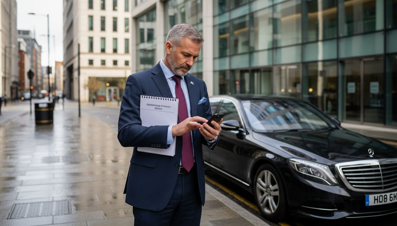 Executive standing by Mercedes at business tower