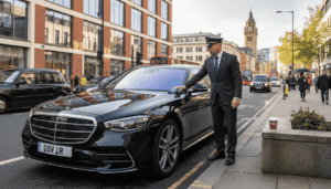 Chauffeur polishing Mercedes S-Class in Birmingham street
