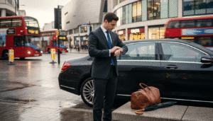 Chauffeur stands by luxury car in Birmingham