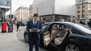 Chauffeur beside luxury car in Birmingham