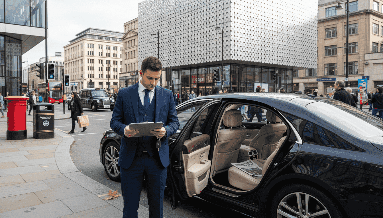 Chauffeur beside luxury car in Birmingham