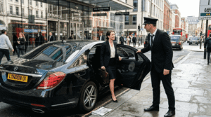 Chauffeur greeting client at luxury vehicle