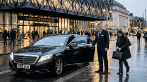 Chauffeur opens car door at Birmingham Library