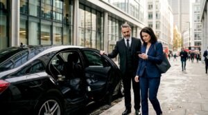 Chauffeur assists executive outside office building