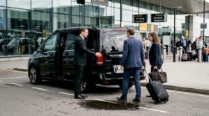 Chauffeur greeting group by luxury minivan at airport