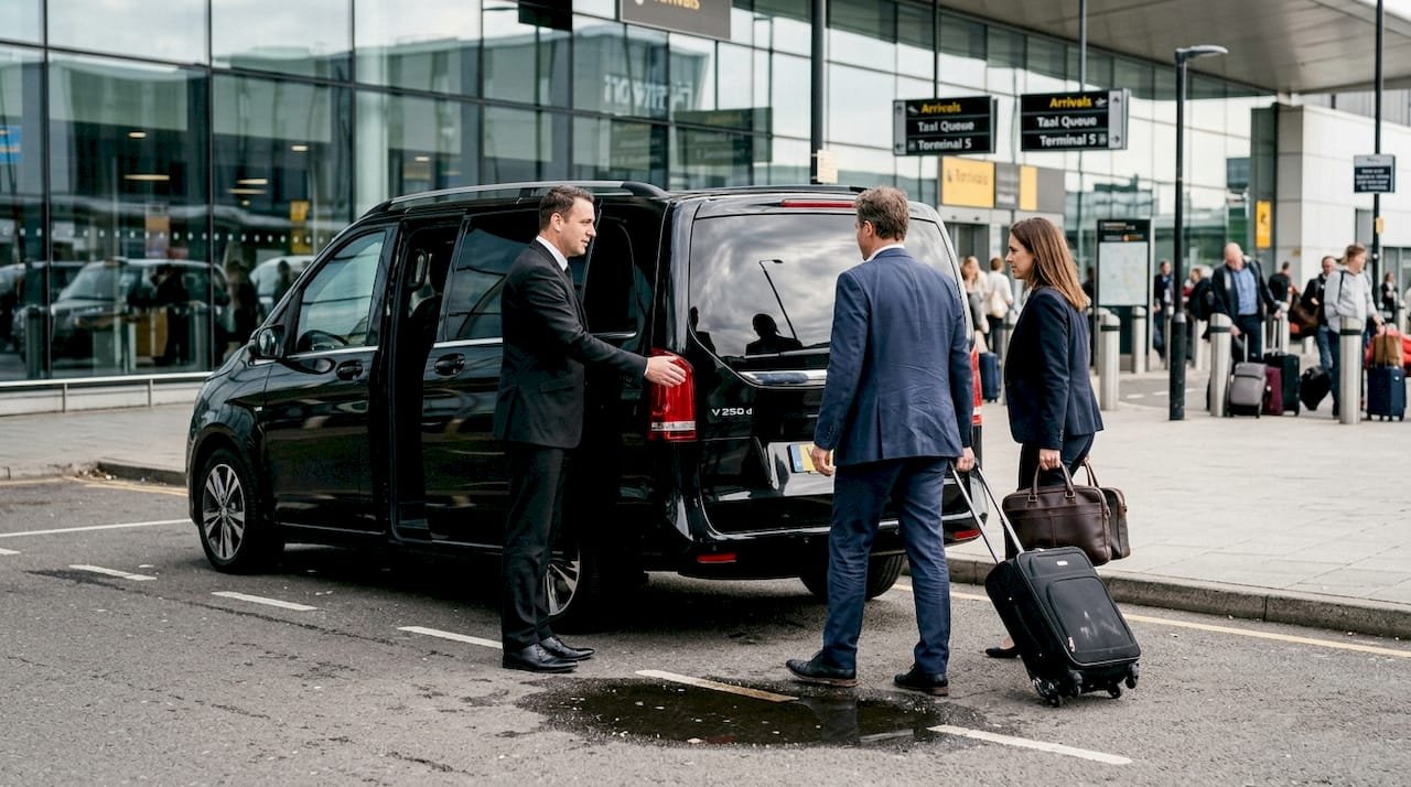 Chauffeur greeting group by luxury minivan at airport
