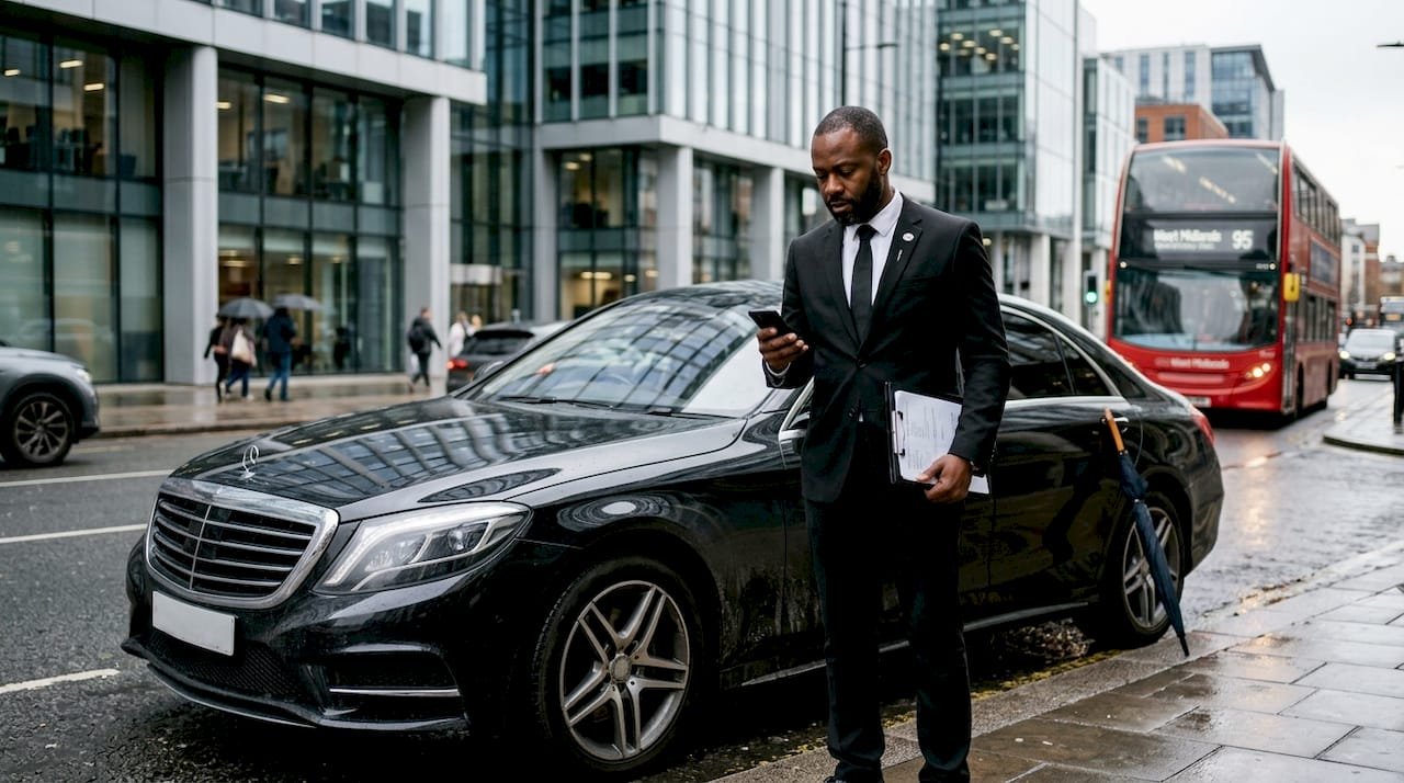Chauffeur beside luxury sedan in Birmingham