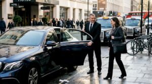 Chauffeur opening car for arriving businesswoman