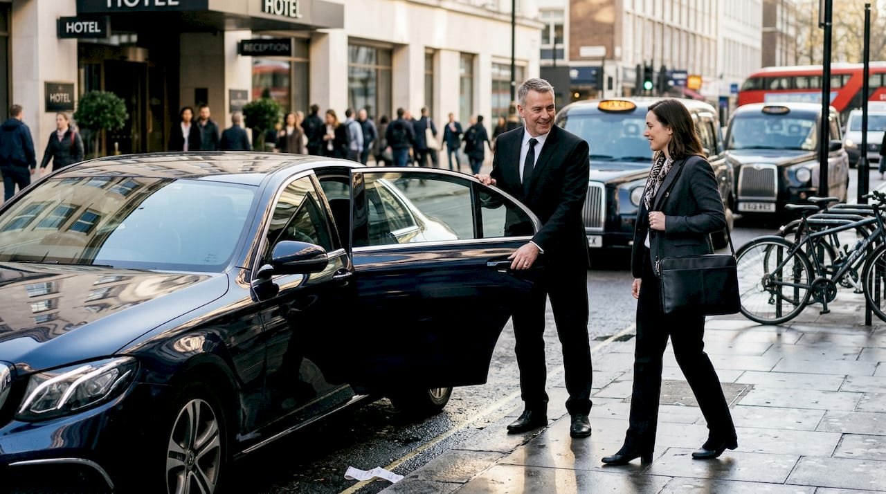 Chauffeur opening car for arriving businesswoman