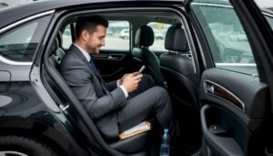 Businessman in executive car at Birmingham Airport